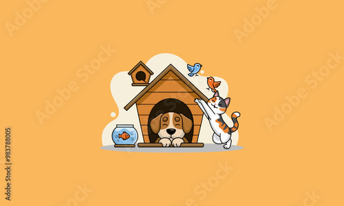 Cute pet shop with dog, cat, fish, and birds illustration
