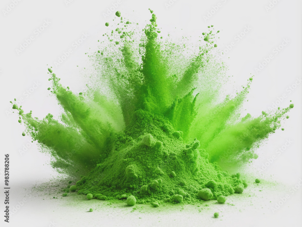 Fototapeta premium Vibrant green powder sits isolated on a pure white background with a dynamic green splash effect, evoking a sense of freshness and natural energy.