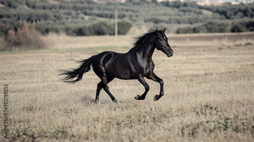 A striking black horse emitting a hissing sound, capturing the animal's powerful presence and unique vocalization, perfect for themes related to equine behavior, nature, or wildlife, photo