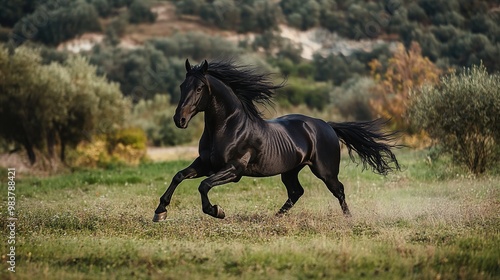 A striking black horse emitting a hissing sound, capturing the animal's powerful presence and unique vocalization, perfect for themes related to equine behavior, nature, or wildlife, photo