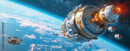 Futuristic floating university campus in deep space, with students attending classes in zero gravity and research labs floating freely