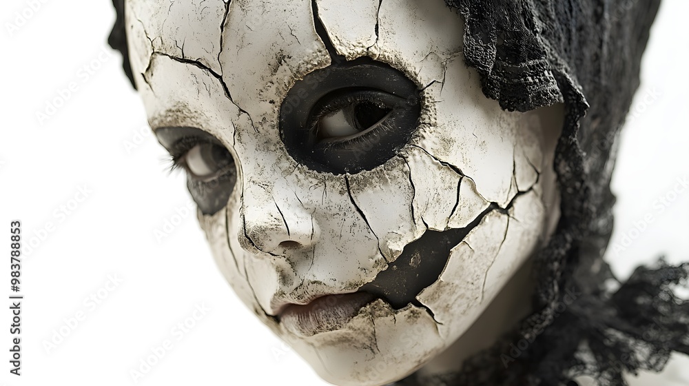 Victorian child ghost with a shattered doll face, masked for Halloween, hauntingly detailed, isolated on white background Victorian child ghost with a shattered doll face, masked for Halloween, hauntingly detailed, isolated on white background