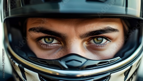 Intense gaze of a determined individual in a motorcycle helmet, embodying resilience and unwavering focus.