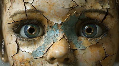 Vintage cracked doll face with unsettling party masks, creepy yet captivating, photorealistic digital art, isolated on white background