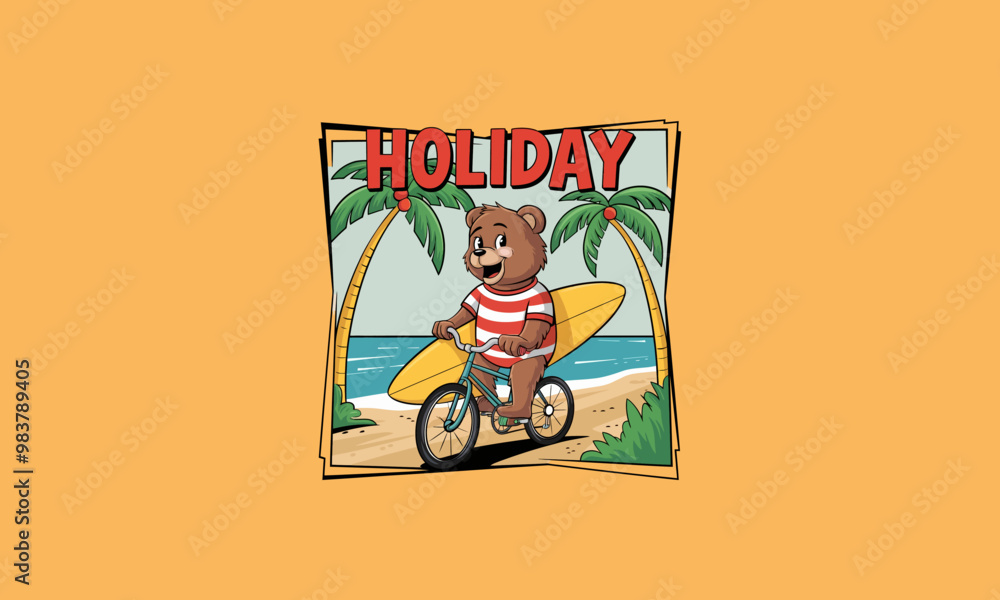 Fototapeta premium Bear on bike with surfboard, holiday beach scene.