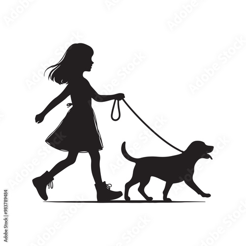 Cute Girl Walking Her Dog icon logotype symble silhouette vector with white background