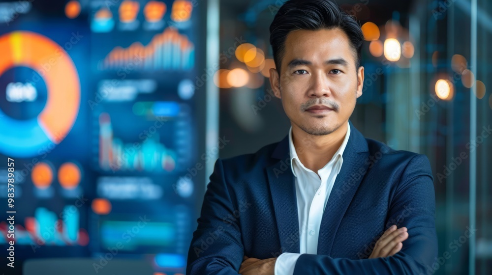 Fototapeta premium Asian businessman in a contemporary office, leading a project meeting with digital presentations and interactive displays, showing professionalism and expertise