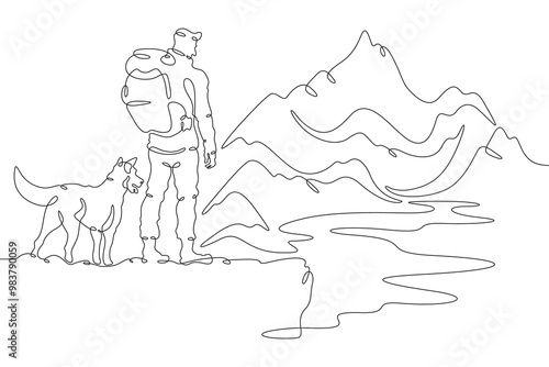 Continuous one line drawing man with dog in nature. Tourist with backpack looks at high mountains. Traveler with dog on the way. Mountain landscape. One continuous line isolated minimal illustration.