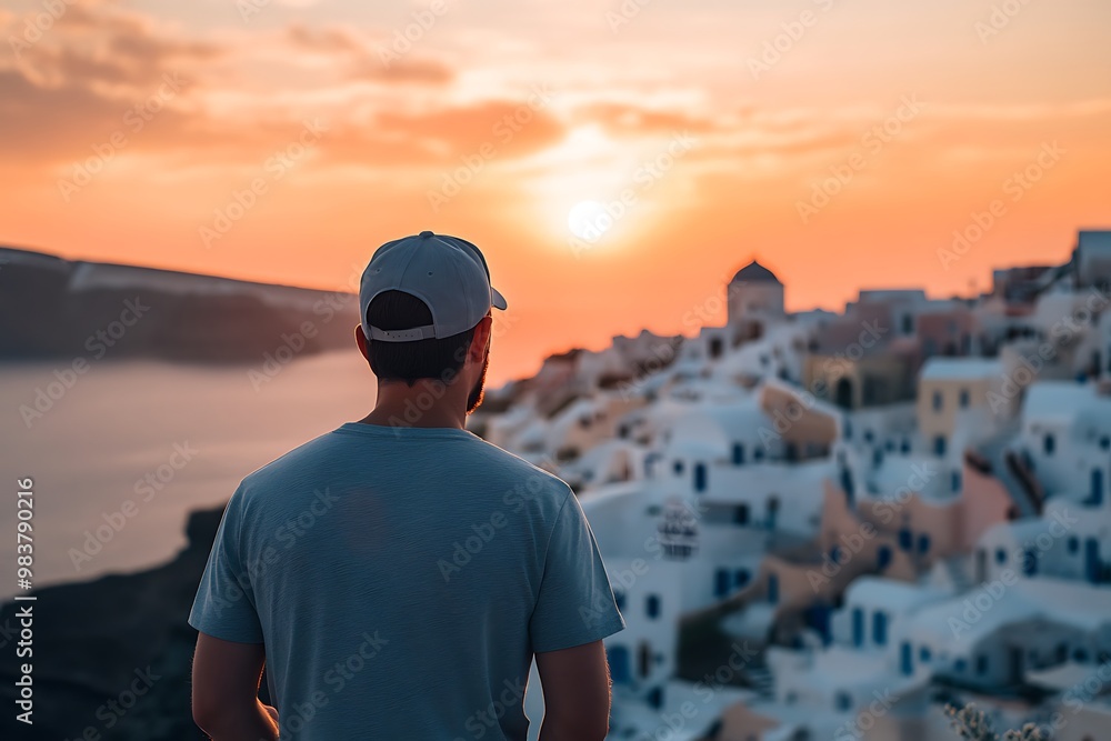 Silhouette of a Man Against a Sunset Over a Greek City Silhouette of a Man Against a Sunset Over a Greek City