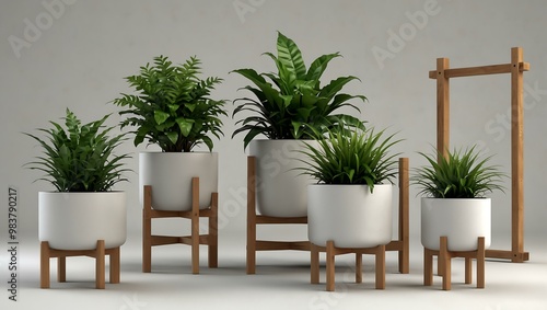 3D plants in pots on a stand, isolated on white.