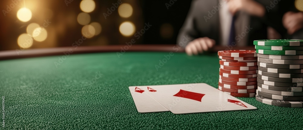 Exciting Poker Game with Cards and Chips on Table