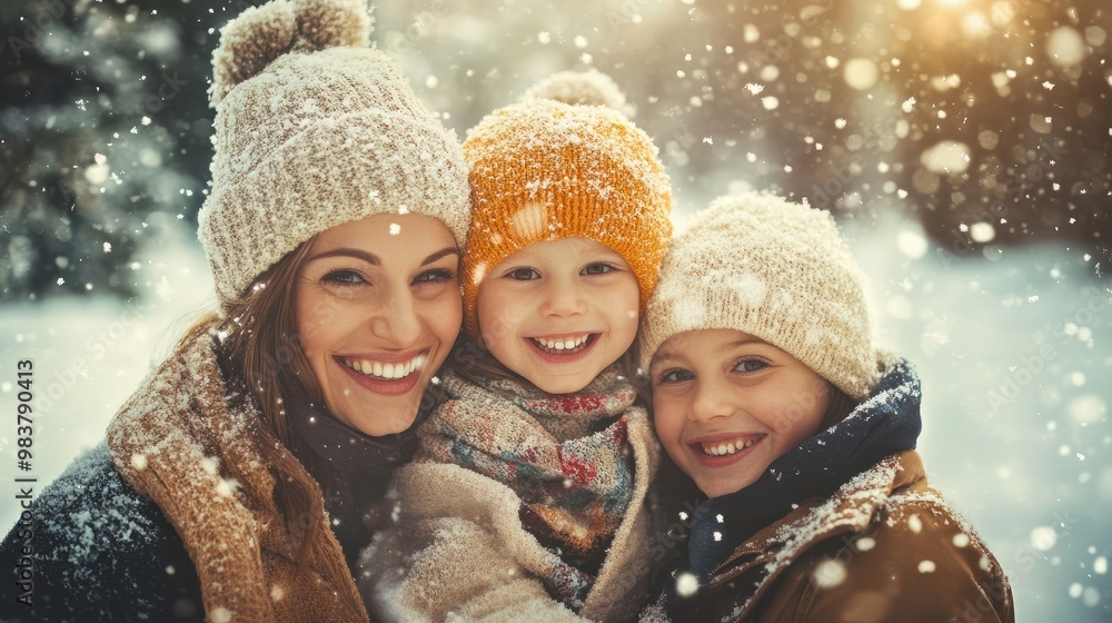 Happy family smiles in the snowfall outside Happy family smiles in the snowfall outside