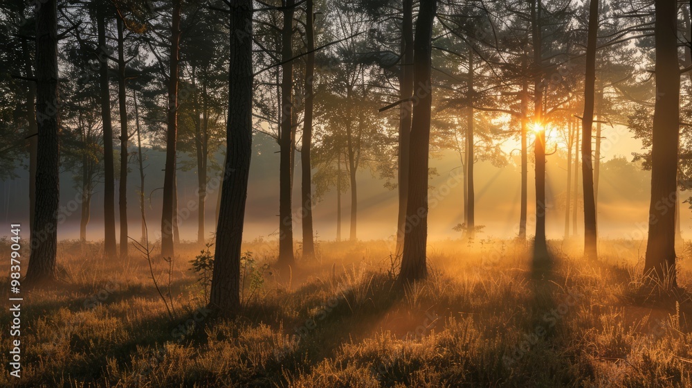 Fototapeta premium sunrise during golden hour casting warm light through thick fog in a quiet forest, with trees softly silhouetted in the mist, creating a serene and mystical atmosphere, with copy space for text