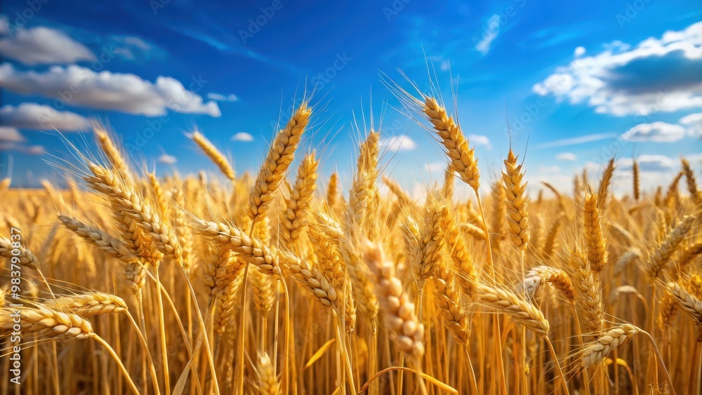 Field of wheat with golden stalks swaying in the breeze under a clear blue sky, agriculture, harvest, farm, rural, nature, crop