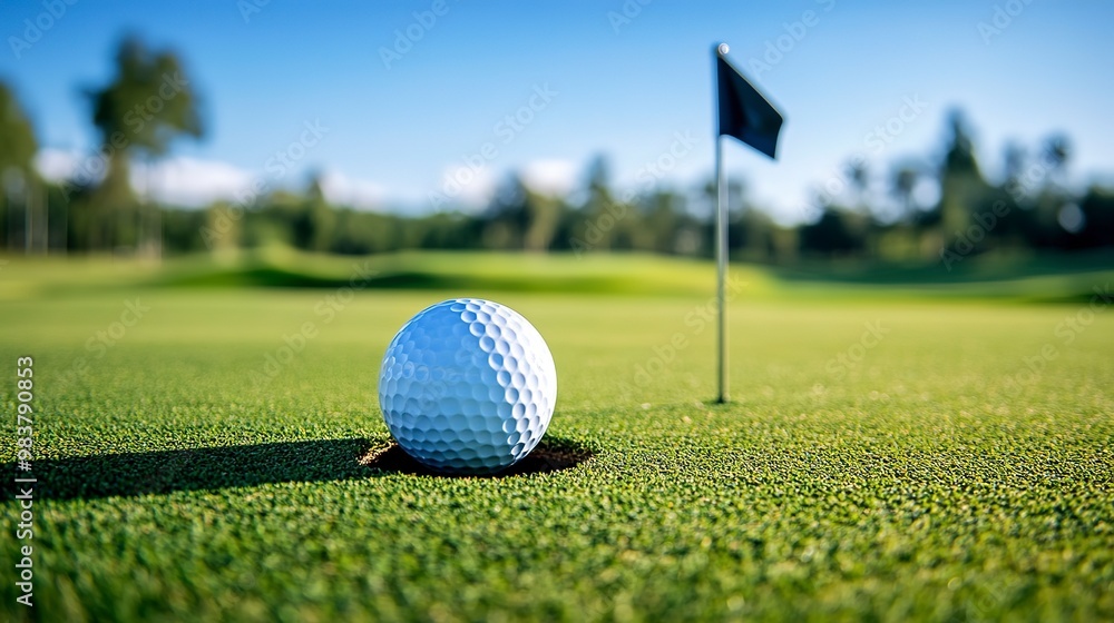 Obraz premium a golf ball near the hole on green grass with a flag, blue sky in the background. 
