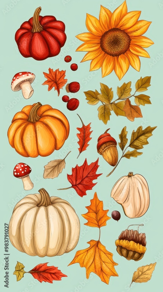 Watercolor of autumn elements set with Pumpkins,maple leaves,mushrooms,sunflower,Collection autumn seasonal holidays design,Thanksgiving,Halloween,Handmade art,party posters,decorate your artwork. Watercolor of autumn elements set with Pumpkins,maple leaves,mushrooms,sunflower,Collection autumn seasonal holidays design,Thanksgiving,Halloween,Handmade art,party posters,decorate your artwork.