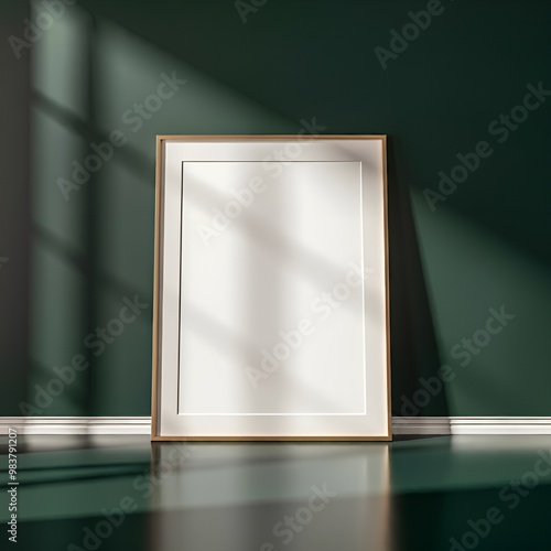 Mockup frame standing near dark green wall in a room, minimalist style, 3d render