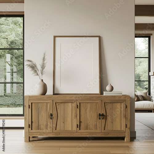 Mockup frame in farmhouse living room interior, 3d render