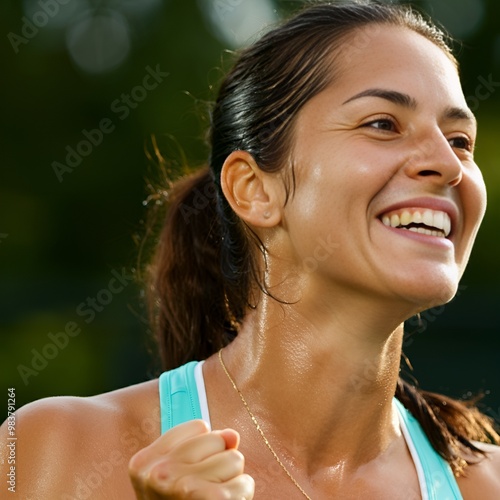 Close-up shot of beautiful female athlete with sweaty fists clenched and cheering after victory.