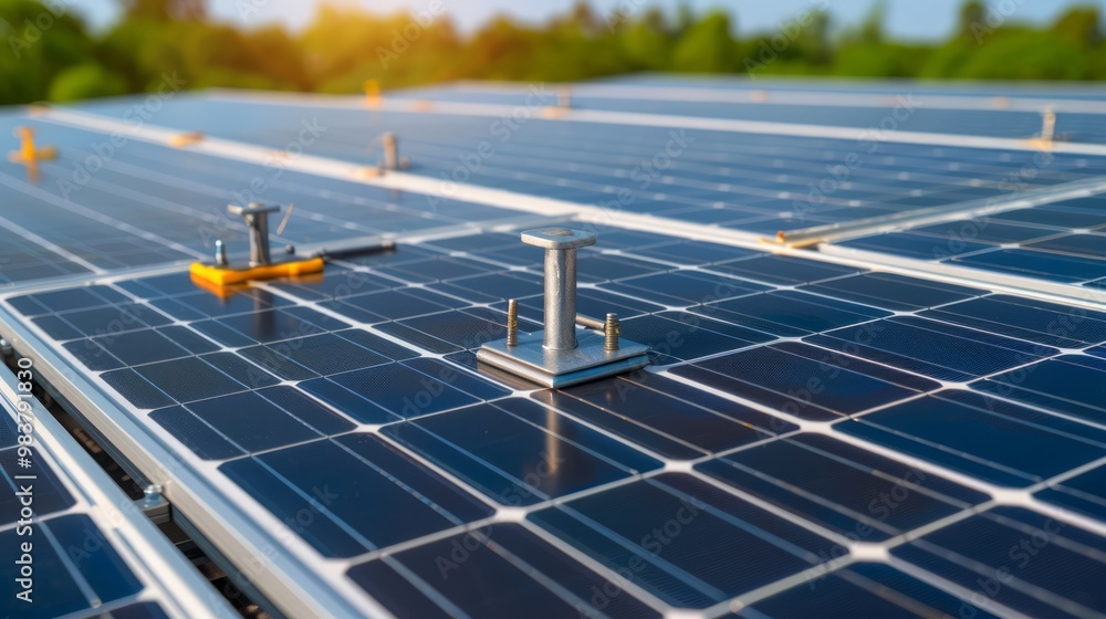 - A close-up of solar panel mounting hardware and installation tools ...