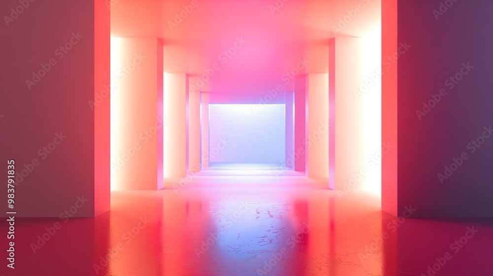 Futuristic Neon-lit Pathway with Reflective Floors in Modern Hall - Illustration Futuristic Neon-lit Pathway with Reflective Floors in Modern Hall - Illustration