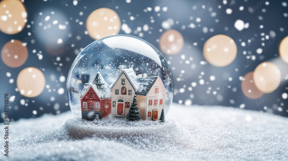 Miniature Christmas village in snow globe with snowfall background. Winter concept with copy space Miniature Christmas village in snow globe with snowfall background. Winter concept with copy space