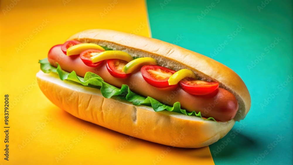 Delicious succulent hot dog in a soft bun with tomato slices, cucumber Delicious succulent hot dog in a soft bun with tomato slices, cucumber