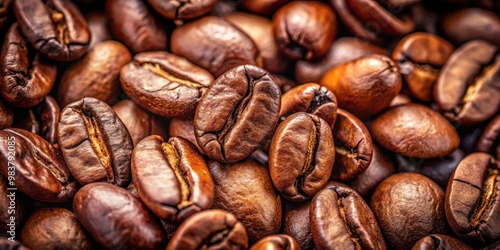 Hyper-realistic macro shot of roasted coffee beans with detailed textures and rich brown color, coffee, beans, roasted, macro