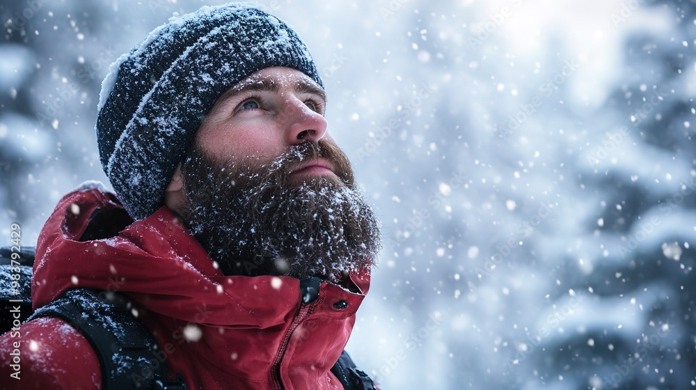 A bearded man in ski gear gazes off amidst a snowy scenery. Concept Winter Fashion, Mountain Adventure, Snowy Landscape, Beard Grooming, Cold Weather Style A bearded man in ski gear gazes off amidst a snowy scenery. Concept Winter Fashion, Mountain Adventure, Snowy Landscape, Beard Grooming, Cold Weather Style