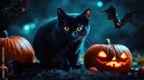 Halloween setting with a black cat, glowing pumpkins, and flying bats, ideal for holiday decorations or spooky themes.