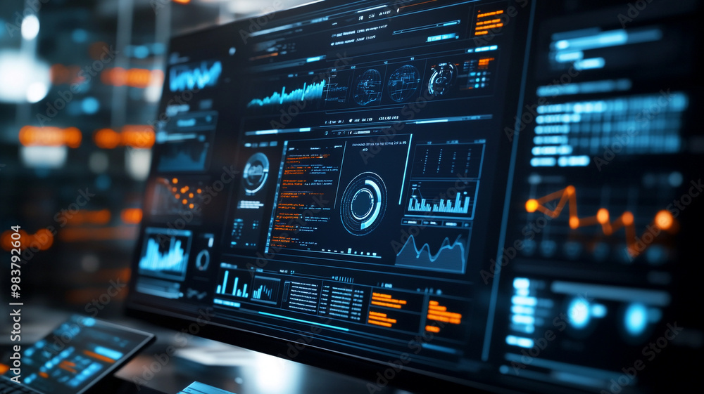 Detailed dashboard displaying data analytics in a modern office environment at night Detailed dashboard displaying data analytics in a modern office environment at night