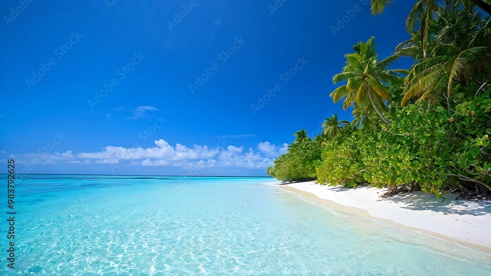 Fototapeta premium A peaceful island retreat surrounded by turquoise ocean and crowned with palm tree forest_094