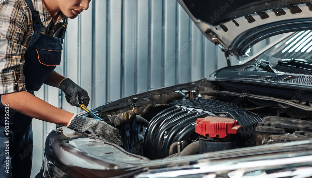 Fototapeta premium mechanic repair the engine of car