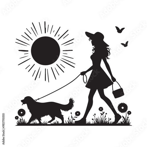 Cute Girl Walking Her Dog icon logotype symble silhouette vector with white background