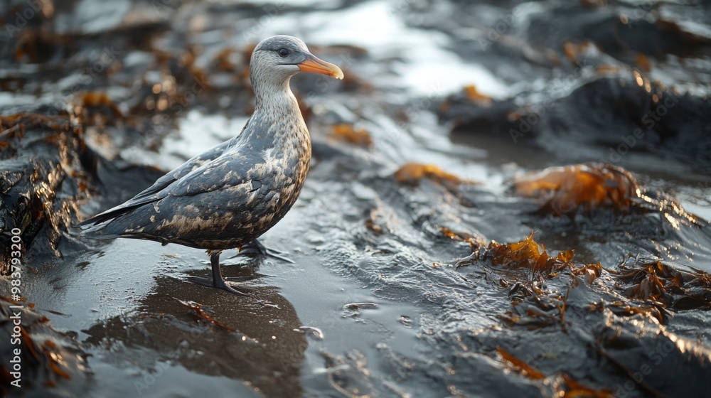 Seagull on Wet Sand Amidst Seaweed at Shoreline Seagull on Wet Sand Amidst Seaweed at Shoreline