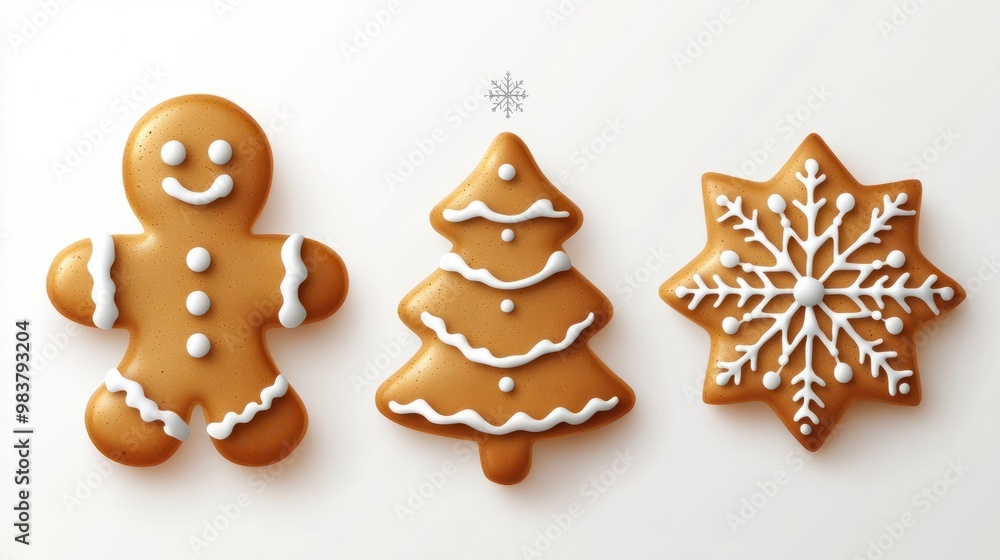 set of gingerbread cookies with the shape of a man, a snowflake and a Christmas tree with white icing on transparent. Christmas gingerbread set of gingerbread cookies with the shape of a man, a snowflake and a Christmas tree with white icing on transparent. Christmas gingerbread