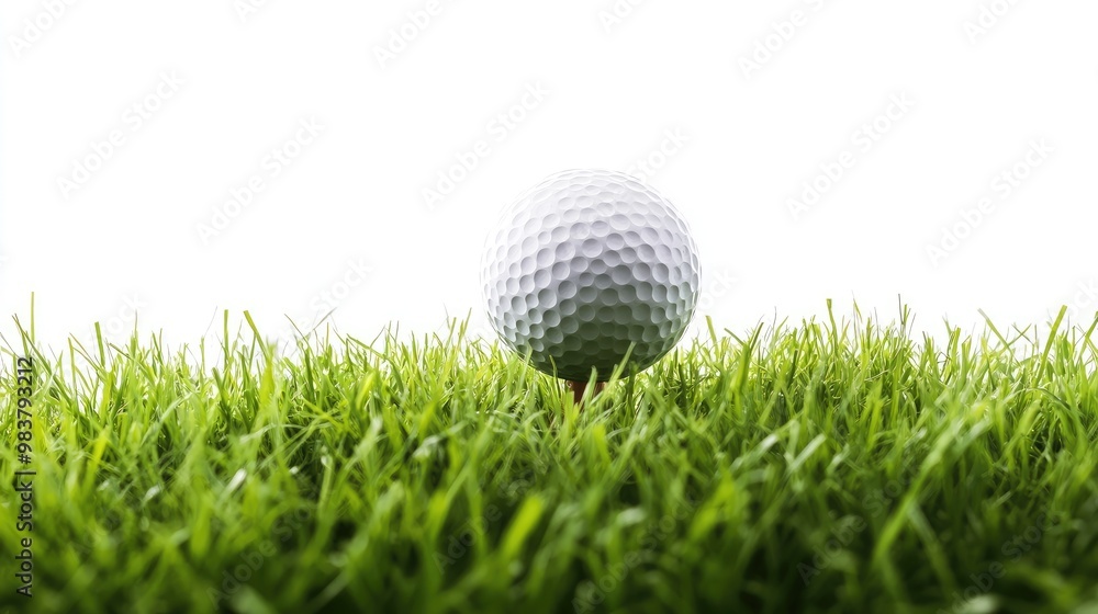 Isolated golf ball on tee with fresh green grass and white background, capturing the essence of the sport for players and fans. Isolated golf ball on tee with fresh green grass and white background, capturing the essence of the sport for players and fans.