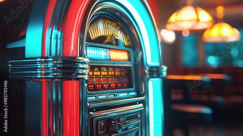Closeup of a vintage jukebox with glowing neon lights in a retro diner setting.