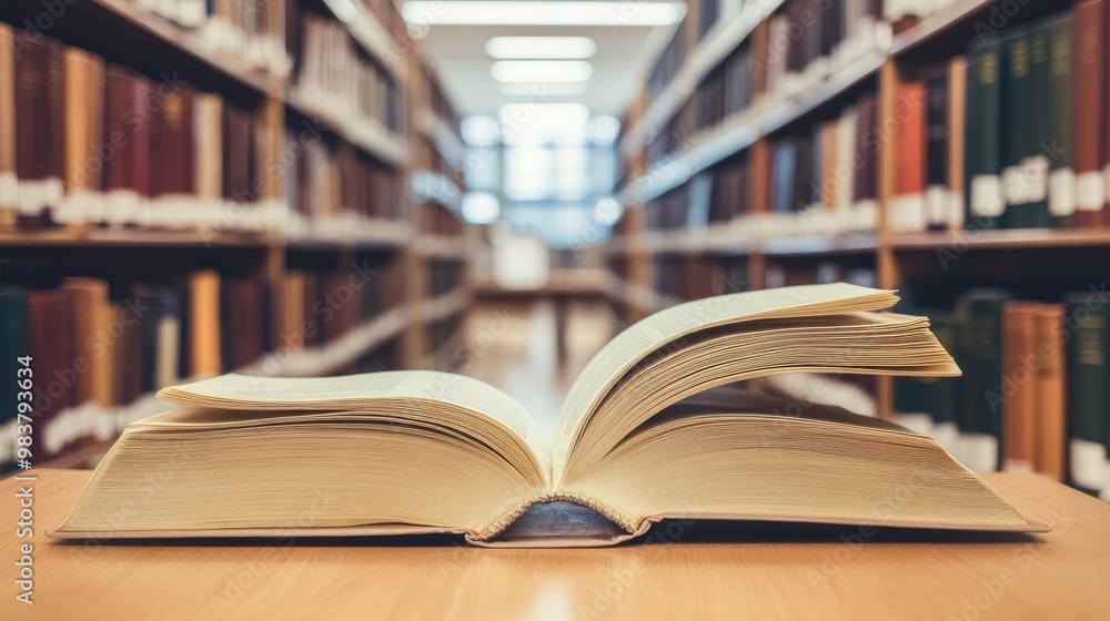 Open book and neatly stacked books on a wooden desk in a modern library, with soft natural light and rows of bookshelves Open book and neatly stacked books on a wooden desk in a modern library, with soft natural light and rows of bookshelves