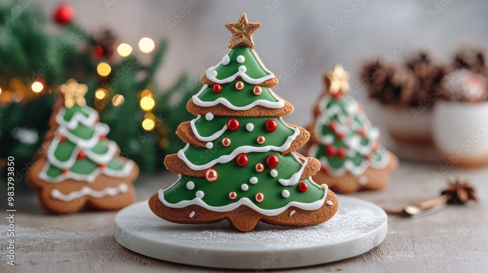 Traditional gingerbread cookie Christmas tree. Homemade sweet decorated biscuits with icing Traditional gingerbread cookie Christmas tree. Homemade sweet decorated biscuits with icing