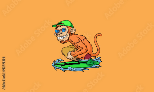 Cool monkey surfing with sunglasses and a cap