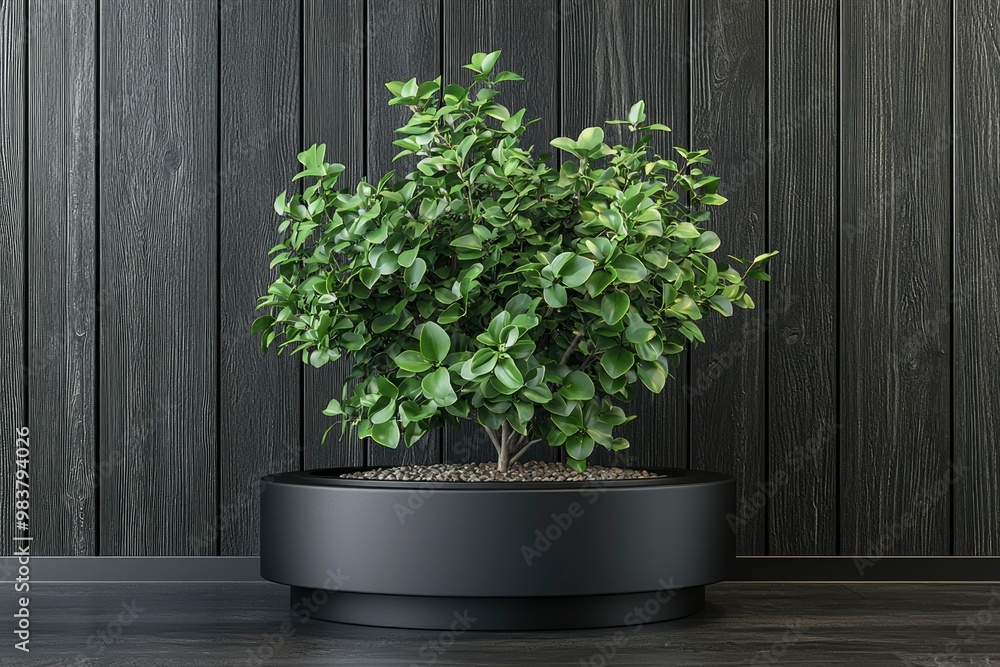 Fototapeta premium Green Plant in a Black Pot Against a Black Wooden Wall