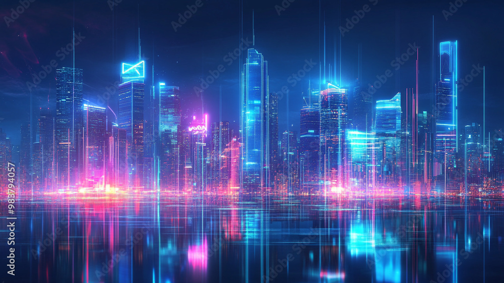 Vibrant city skyline illuminated by neon lights during a futuristic evening Vibrant city skyline illuminated by neon lights during a futuristic evening