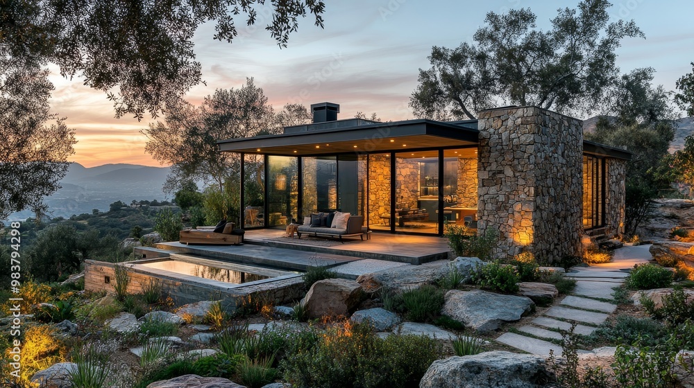 A minimalist cube home featuring rugged stone walls and sleek metal accents, merging rustic textures with modern architecture, nestled in a serene landscape A minimalist cube home featuring rugged stone walls and sleek metal accents, merging rustic textures with modern architecture, nestled in a serene landscape