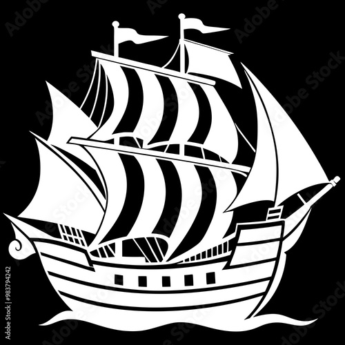 Simple Pirate Ship Icon, White Outline on Black Background, Vector Illustration