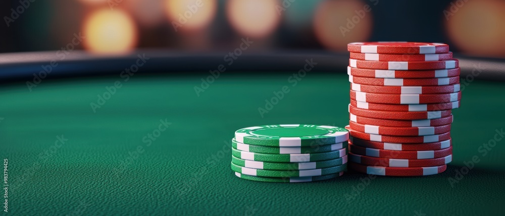 Colorful Casino Chips on Green Gaming Table Colorful Casino Chips on Green Gaming Table