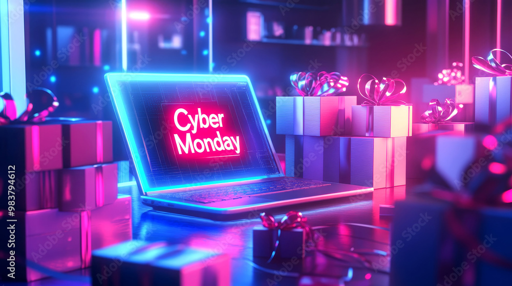 Neon 'Cyber Monday' sign on laptop screen sets the tone for online deals, gift boxes surround Neon 'Cyber Monday' sign on laptop screen sets the tone for online deals, gift boxes surround