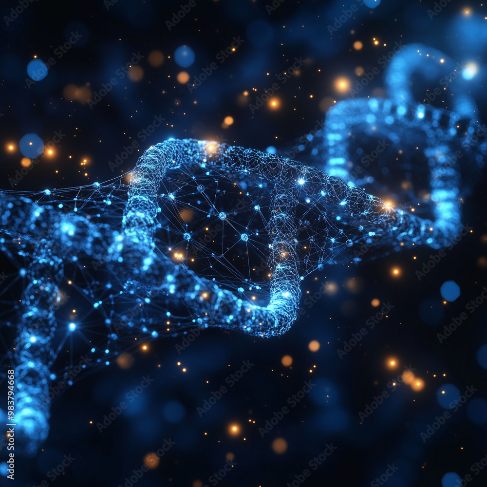A blue and orange DNA strand with a lot of dots. The blue and orange colors create a sense of contrast and depth. The dots represent the individual nucleotides that make up the DNA strand A blue and orange DNA strand with a lot of dots. The blue and orange colors create a sense of contrast and depth. The dots represent the individual nucleotides that make up the DNA strand