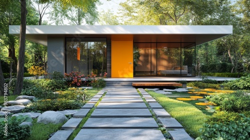 A minimalist cube home with sharp lines, featuring a vibrant yellow door, surrounded by natural stone pathways that lead to the entrance, modern aesthetic