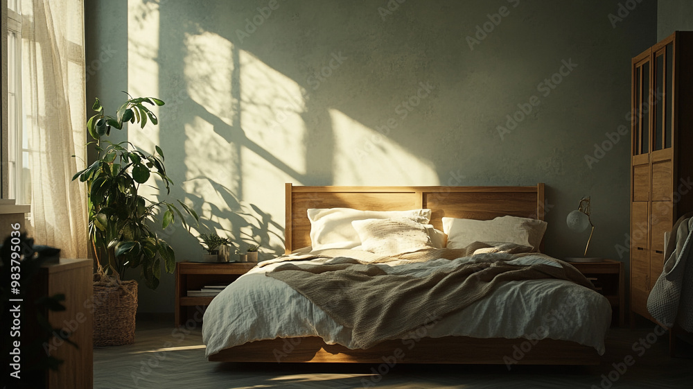 Cozy modern bedroom with sunlight streaming through windows and a potted plant in the afternoon Cozy modern bedroom with sunlight streaming through windows and a potted plant in the afternoon